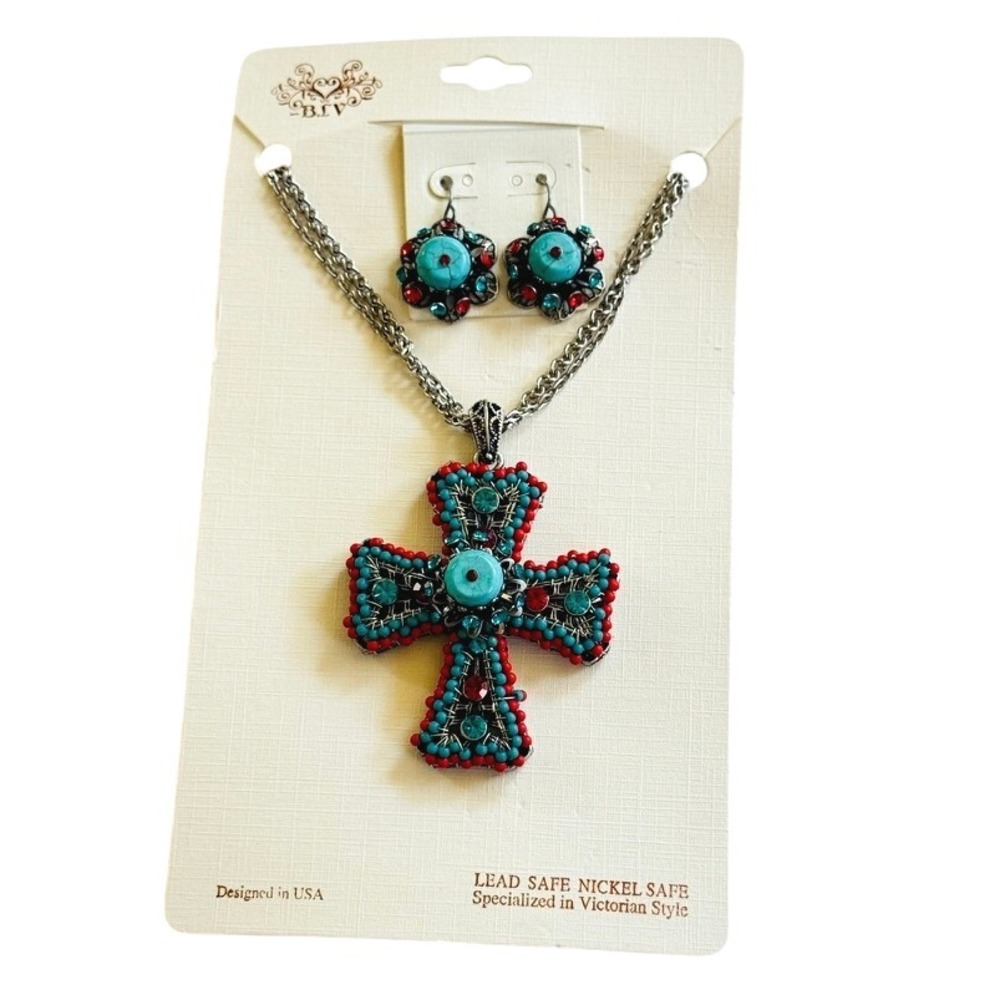 BLV‎ Victorian Style matching Set Necklace Earrings Cross crystal turquoise NWT